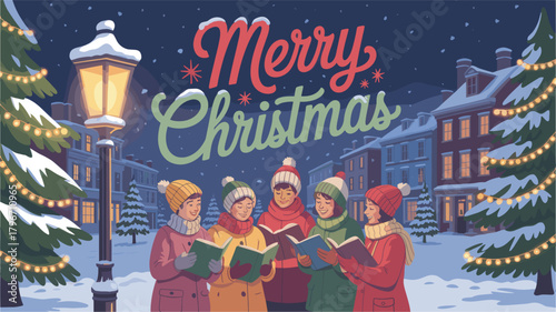 People singing holiday carols on a snowy town square at night