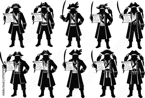 Flat vector silhouette of pirates with treasure maps and swords, parrot on shoulder, classic costume poses, adventure theme illustration set