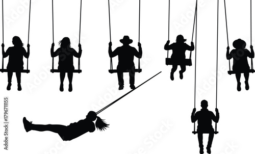 Children silhouettes on swings collection, happy kids playing swinging movement, joy and fun, playful child figures, black and white vector illustration set for recreation.