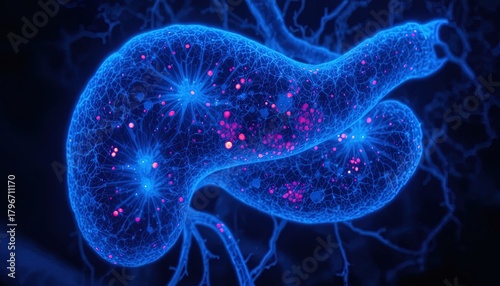 Stunning close up of human pancreas with illuminated veins and cells for medical research and diabetes awareness campaigns, a modern scientific view