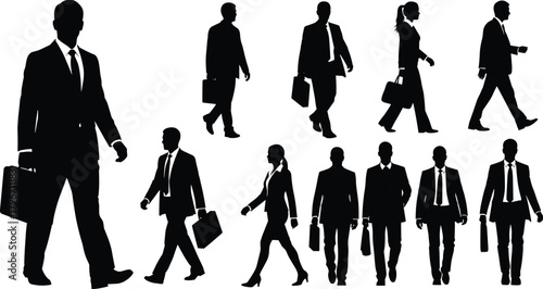 Corporate executive silhouettes with briefcase, professional business team walking, leadership poses with formal suit, black and white vector illustration set for business themes.