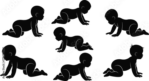 Cute crawling baby silhouettes, infant poses set, newborn development stages, tummy time and kneeling positions, black and white vector illustration for parenting themes.