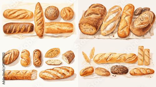 Artisan bread assortment in watercolor: baguettes, loaves and rolls with rustic crusts. Bakery clipart set for menus, packaging, cafe branding and culinary illustrations.