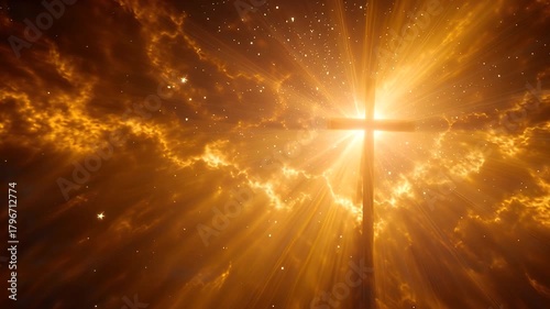 Glowing cross in golden clouds for christian joy. 4K Video