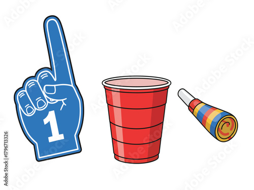 A collection of party and sports fan items including a blue foam finger, a red plastic cup, and a colorful noisemaker.