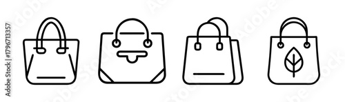 Set of four simple line art icons depicting various tote bags including one with a leaf symbol