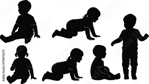 Infant baby silhouettes, developmental stages crawling sitting standing, toddler growth milestones, early childhood development poses, black and white vector illustration set.
