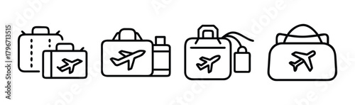 Set of four travel pouches and bags with airplane icons for luggage and travel organization