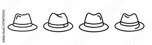 Four identical trilby hats in a row representing a selection or pattern of headwear