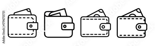 Set of four wallets filled with cash icons for finance and shopping applications