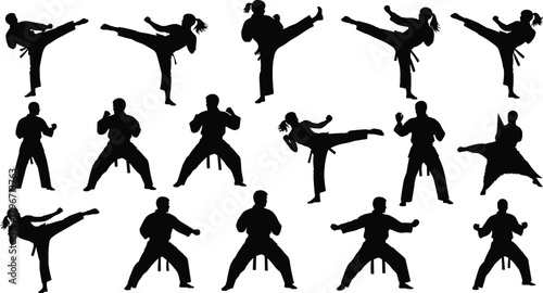 Martial arts karate silhouettes, combat fighting poses and kicks, powerful kung fu movements, action sports illustration, black and white vector collection for training.