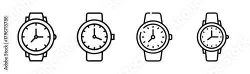 Set of four simple line art wristwatches showing different times with watch bands