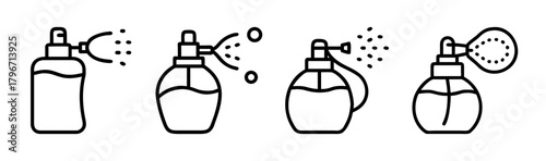 Collection of four perfume atomizers spraying fine mist elegant designs