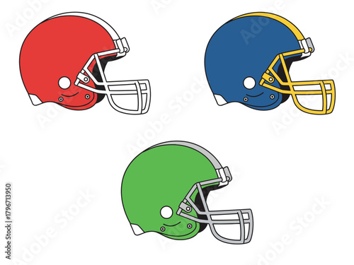 Three colorful American football helmets in red, blue, and green, shown in a side profile view on a white background.