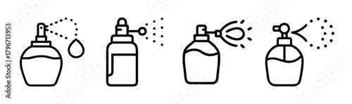 Collection of four minimalist outline icons representing perfume atomizers dispensing liquid droplets
