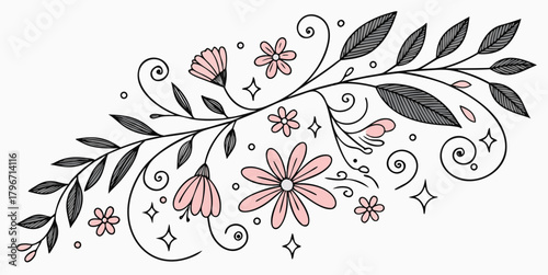 Delicate hand-drawn floral branch illustration with soft pink flowers and leaves