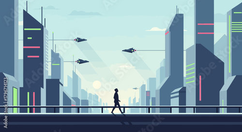 Futuristic Cityscape with a Lone Figure Walking Across a Bridge with Flying Vehicles in the Sky