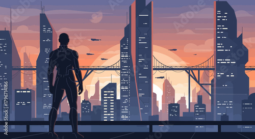 Futuristic Cityscape Gaze Person Contemplates Urban Dawn
