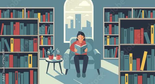 Cozy Reading Nook with Bookshelves and City View Illustration