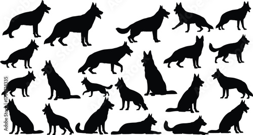Playful dog silhouettes collection, friendly canine poses sitting standing and playing, puppy and adult dogs, black and white vector illustration set for pet themes.