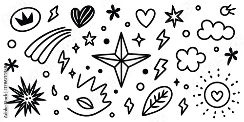 Abstract hand drawn doodle set with stars, hearts, clouds, lightning, sun