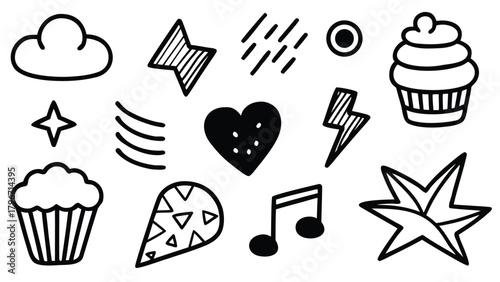 Hand-drawn doodle icons: cupcakes, heart, lightning, stars, cloud, music notes