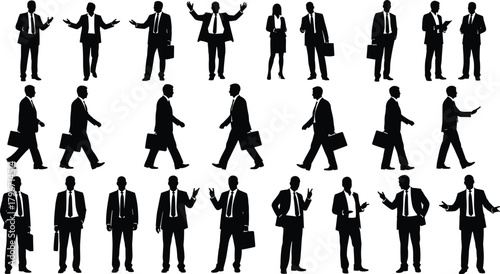Professional business people silhouettes collection, corporate men and women in formal attire, walking gesturing and speaking poses, black and white vector illustration set.