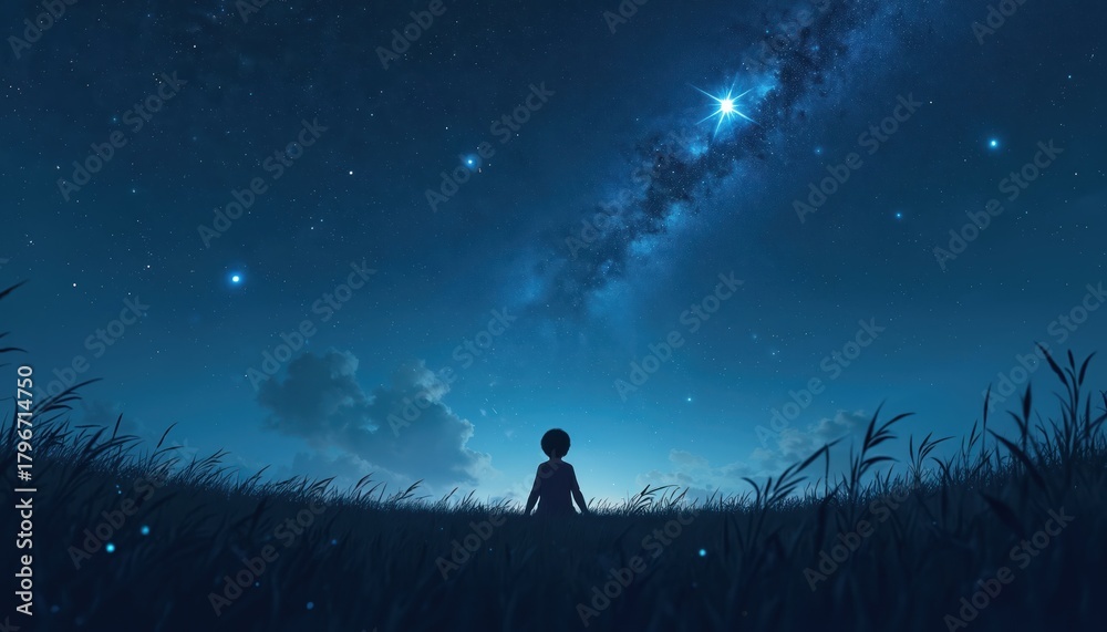 Fototapeta premium Child stands in grass field at night. Young boy looks up at starry sky with Milky Way. Person in silhouette against blue cosmos background with clouds and bright stars.