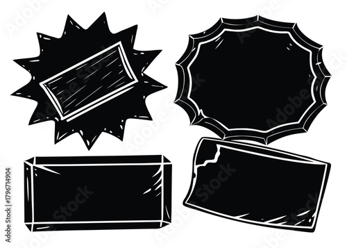 Collection of hand drawn black badges, labels, and tags with white outlines