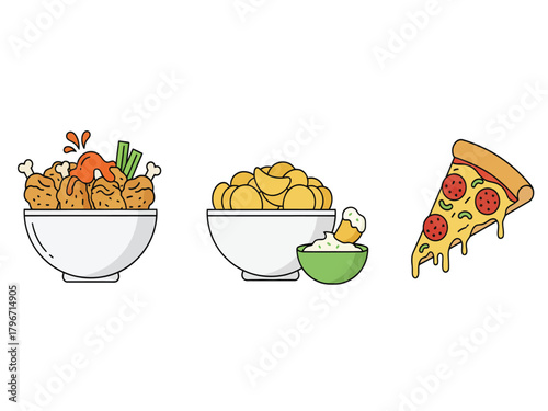 A vector illustration set of popular fast food snacks: chicken wings, potato chips with dip, and a slice of pepperoni pizza.