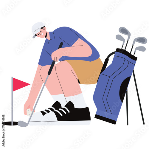 Golf Club Illustration. Vector illustration of Golfer crouches to place the ball near the hole with putter and bag on the course. Isolated on background
