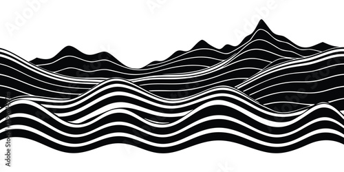 Abstract black and white striped wavy hills landscape vector illustration