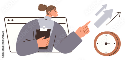 Woman holding clipboard, pointing at upward arrows next to clock and browser frame. Ideal for productivity, time management, business planning, goal setting, growth, performance monitoring, simple