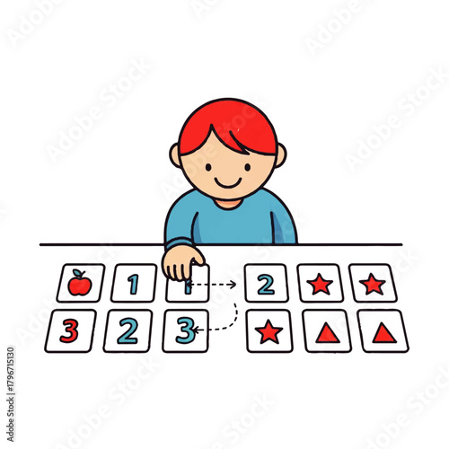 Young child learning numbers with colorful educational tiles at a playful table.