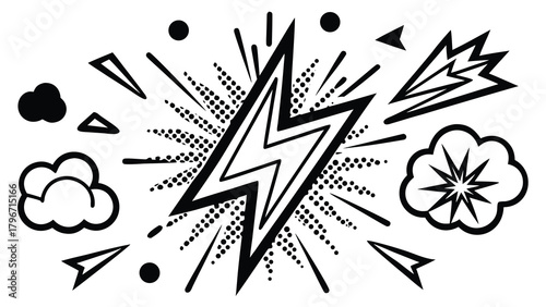 Pop art lightning bolt burst with comic elements, dynamic graphic illustration