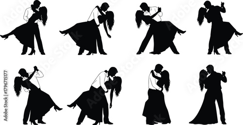 Romantic dance couple silhouettes, elegant ballroom dip and kiss poses, wedding reception lovers, formal attire, passion, love, timeless vector illustration.