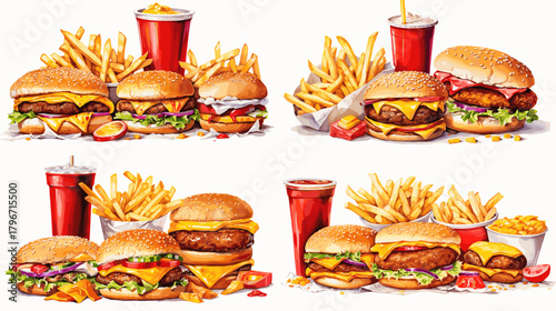 Watercolor fast food combos with burgers, fries and soda in realistic style. Tasty meal set for menus, ads, packaging, restaurant branding, and delivery promotions.