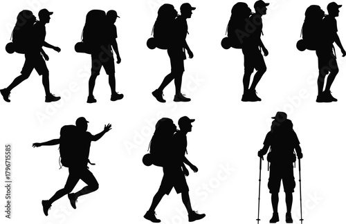 Adventure hiking silhouettes with backpacks, trekking and mountain climbing, active outdoor explorer poses, walking running jumping, black and white vector illustration set.