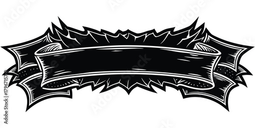 Stylized black scroll banner with sharp, jagged edges, dark monochrome vector