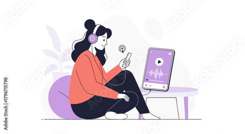 Young woman enjoys listening to music or podcasts on her smartphone with headphones, featuring a visual equalizer on screen