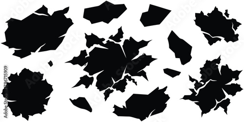 Abstract fractured and shattered black geometric shapes on clean white background