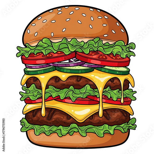 Delicious Cartoon Cheeseburger Illustration Vector Food on Black