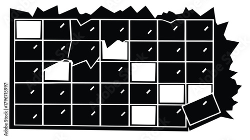 Broken calendar schedule grid, torn cells, missing elements, abstract vector