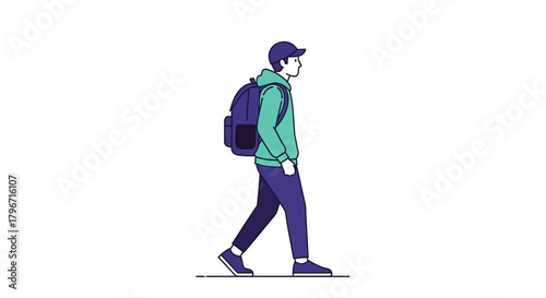 Stylized Side Profile Illustration of a Young Person Walking with a Backpack, Representing a Student or Traveler on a Journey through Urban Spaces or Campus