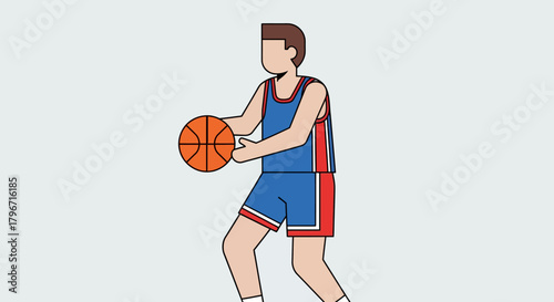 An athletic young man in a blue and red basketball uniform dribbling a ball, prepared to shoot or pass on a light grey background in a studio setting