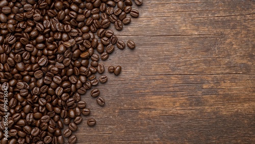 Coffee Bean Cascade on Rustic Wooden Surface, A Study in Textures and Contrasts.