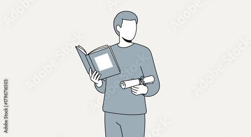 Illustration of a man holding an open book and a diploma, symbolizing education and achievement