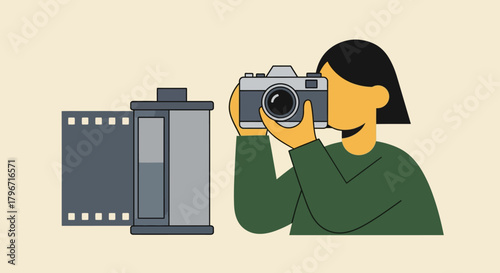 Passionate photographer engaging in the art of film photography, capturing memories with a traditional camera and film roll as a creative and timeless hobby