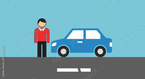 Driver next to a blue car ready to go for a drive on a sunny day