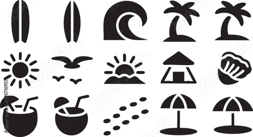 Summer Beach and Tropical Vacation Silhouette Icons Tropical Beach and Surf Glyph Icon Set